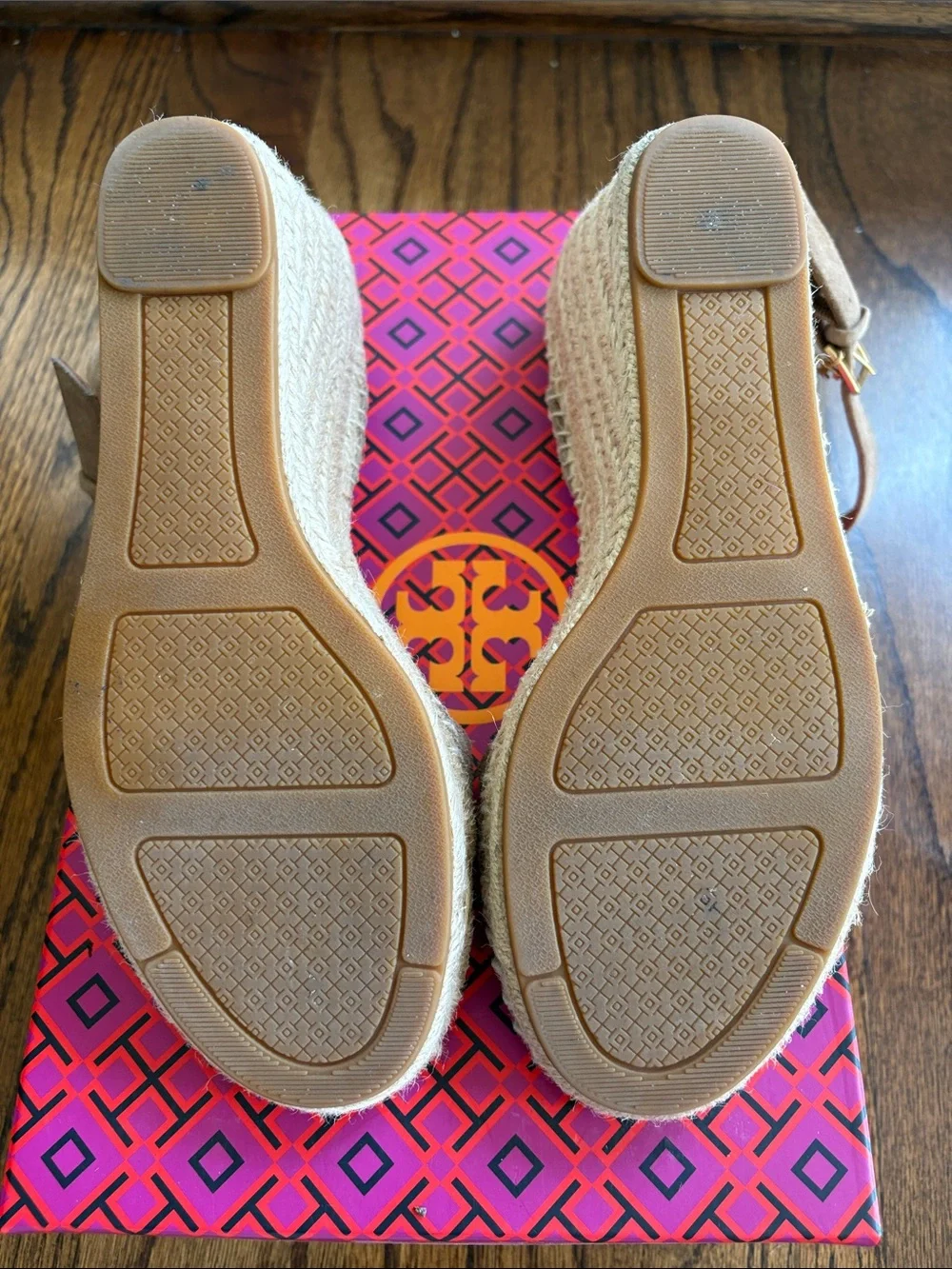 Tory Burch Natural Tan Suede Espadrille Wedge Sandals with Ankle Strap
